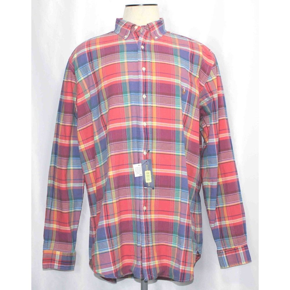 Ralph Lauren Oxford Multicolor Madras‎ Plaid Flesh Pony L/S Shirt Mens Size XLT